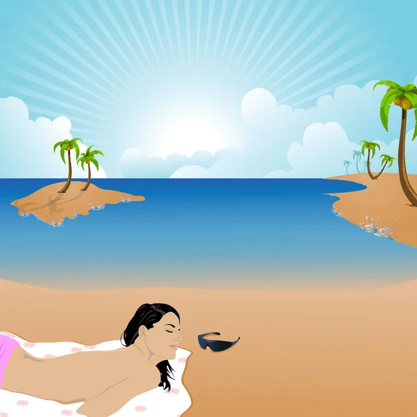 एक समुद्र तट पर धूप स्नान करने वाली महिला — स्टॉक फ़ोटो, इमेज