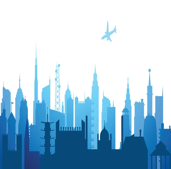Городской пейзаж со зданиями и самолетом — стоковое фото