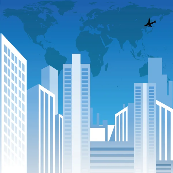 Stadtbild mit Gebäuden, Weltkarte — Stockfoto