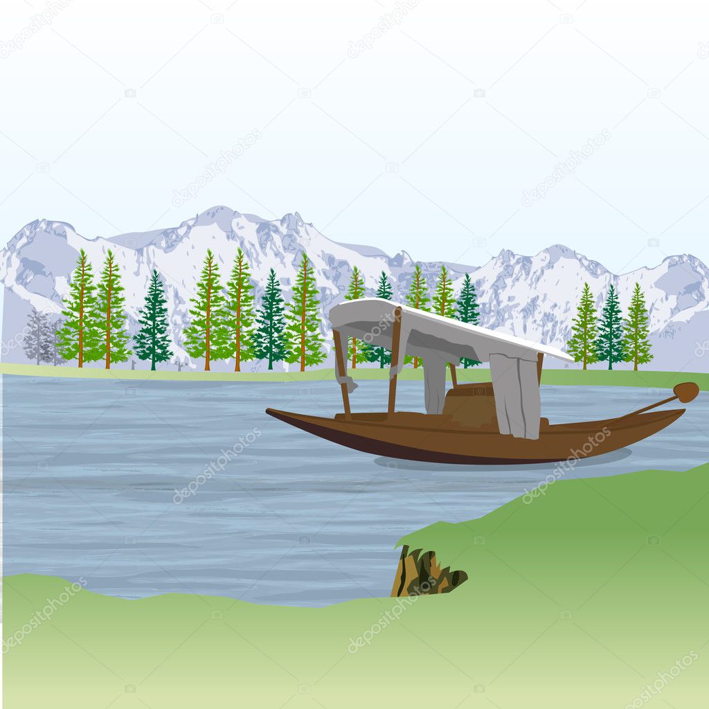Boat with lake and mountains