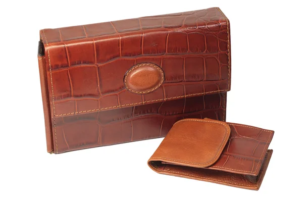 Erkek deri cüzdan porstigar ve mobil üzerinde izole beyaz arka plan için çanta — Stok fotoğraf