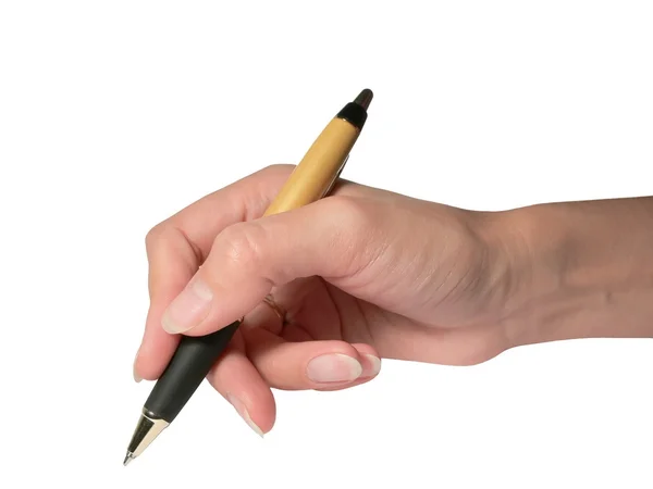 La mano femenina escribe un bolígrafo. Aislado . Imagen de stock