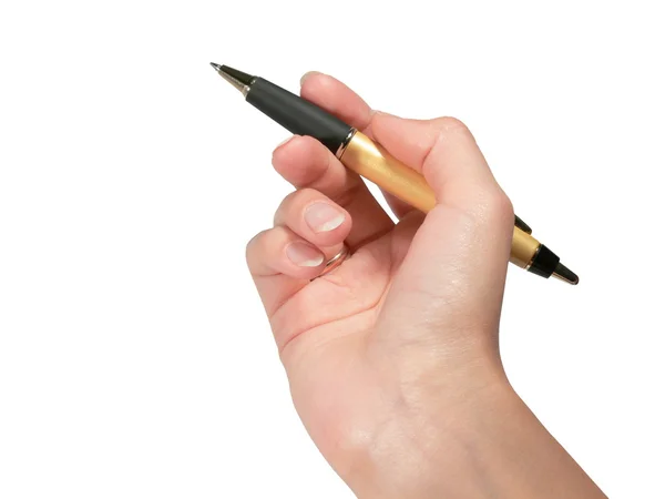 De vrouwelijke hand schrijft een pen. geïsoleerd. — Stockfoto