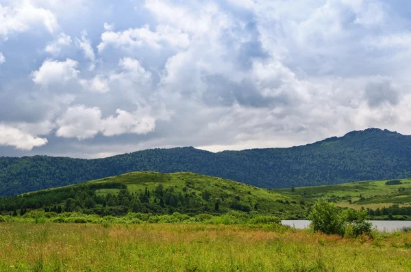 Betesmark och sjön mot bergen — Stockfoto