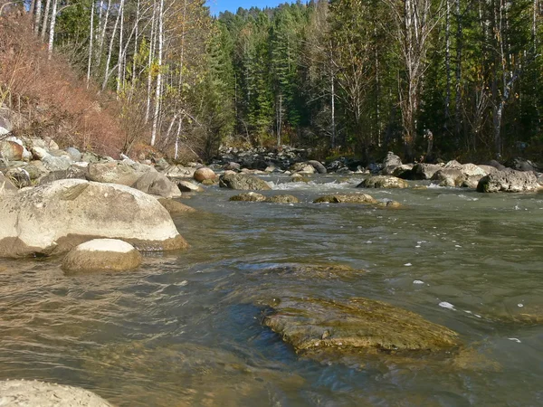 Herbst am Fluss, große Steine im Wasser — Stockfoto