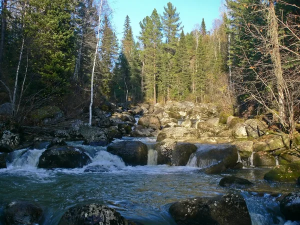 Il flusso e le pietre hanno coperto un muschio in fiume — Foto Stock