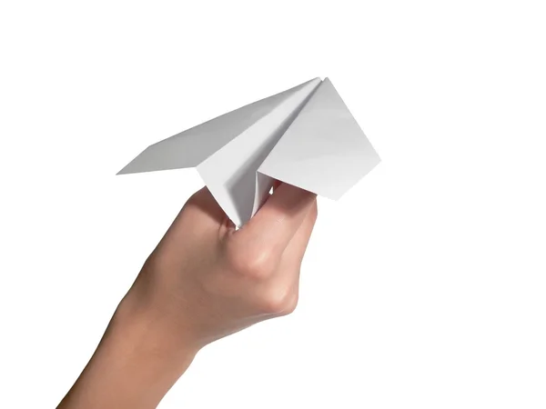 Vrouwelijke hand begint het papier vliegtuig — Stockfoto