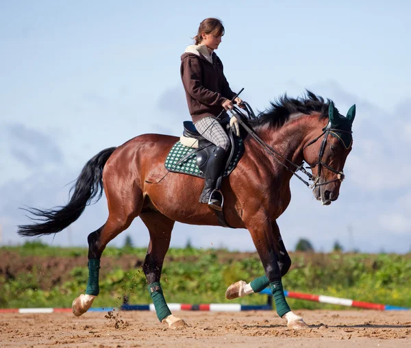 Ung flicka rider på bay häst — Stockfoto