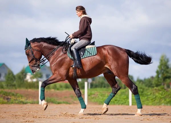 Ung flicka rider på bay häst — Stockfoto
