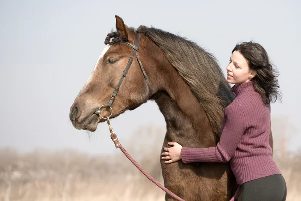 Jong meisje en het paard in veld — Stockfoto