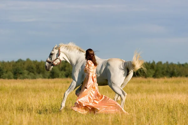 Jong meisje in jurk met grijze paard — Stockfoto