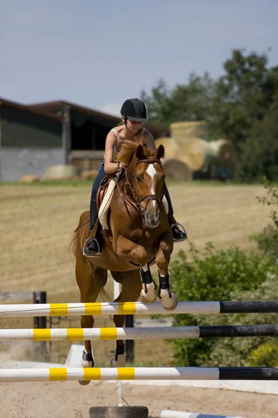 Νεαρό κορίτσι ιππασία σε άλογο κάστανο — Φωτογραφία Αρχείου