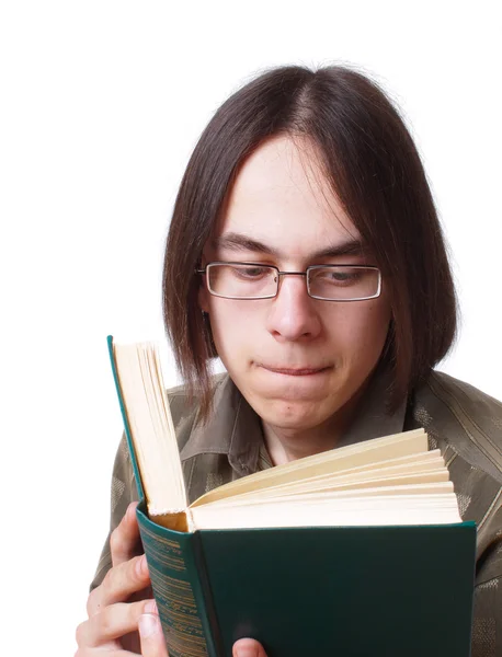 Junge mit Buch isoliert auf weiß — Stockfoto