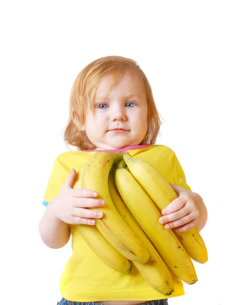 Menina com banana isolada no branco — Fotografia de Stock