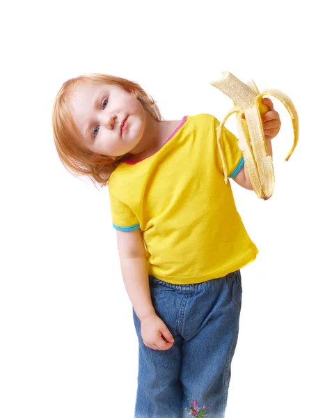 Chica con plátano aislado en blanco — Foto de Stock