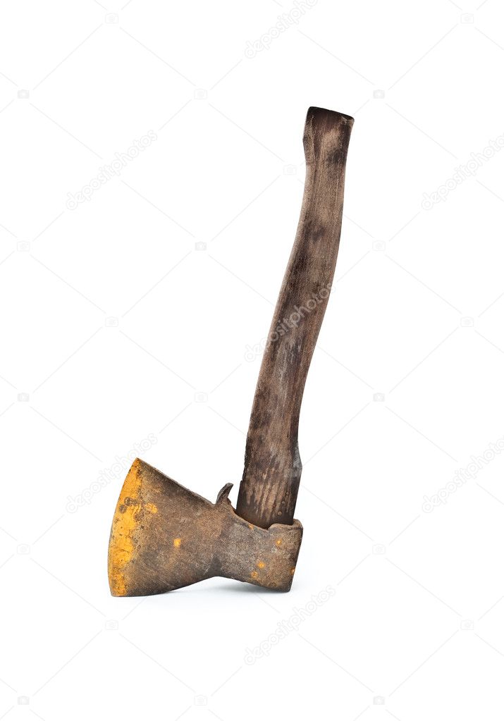 Old rusty axe and log on a white