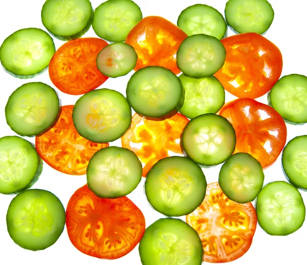 Tomatoes and cucumber - appetizing slice — Stock Photo, Image