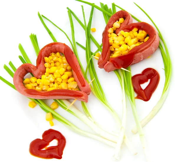 Two Fried sausage in the form of heart — Stock Photo, Image