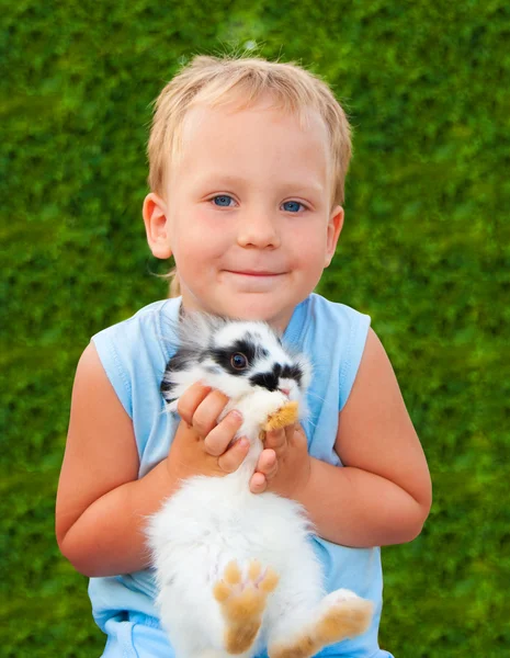 Child holding on hands of a small rabbit — Stock Photo, Image
