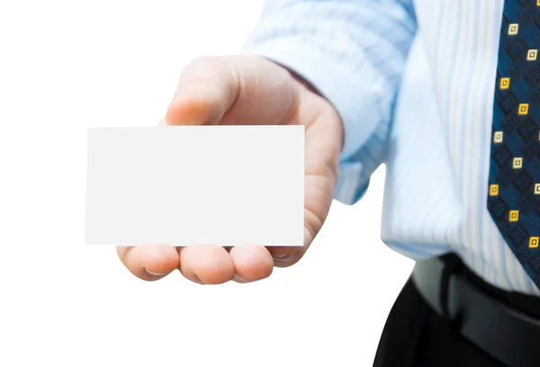 Чистая белая карточка в руках человека — стоковое фото