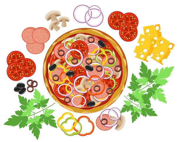 Pizza och uppsättning av ingredienser — Stock vektor