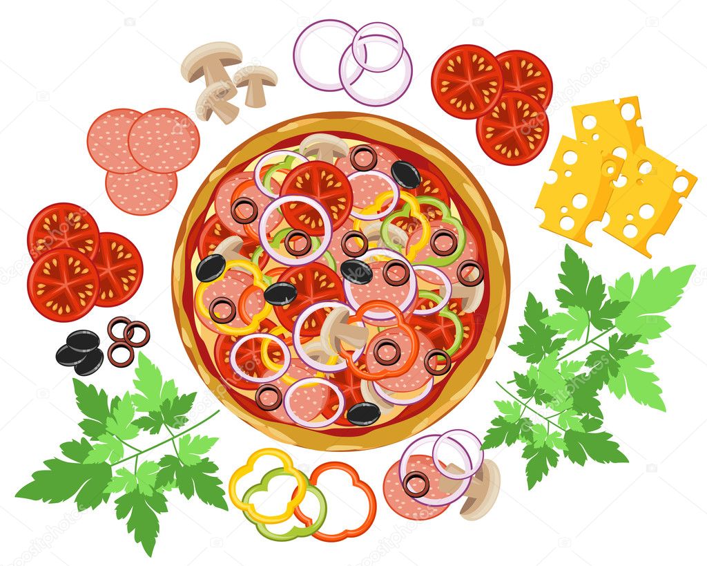 Pizza and set of ingredients