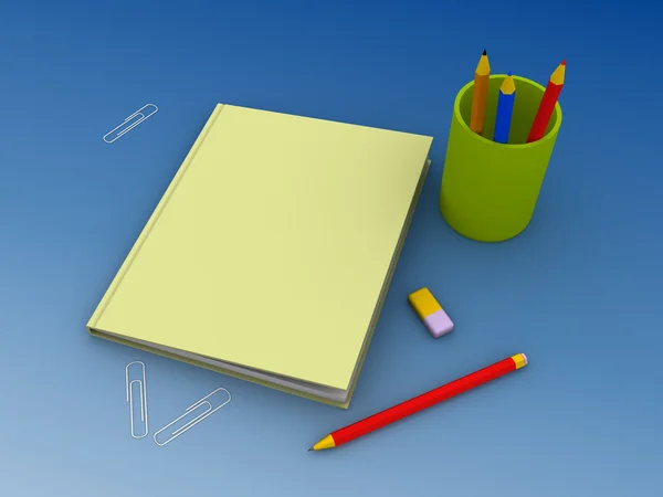 Cuaderno, lápices y borrador — Foto de Stock