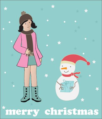 Girl make snowman. vector clipart