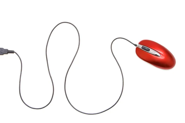 Red computer mouse with the cable — Stock Photo, Image
