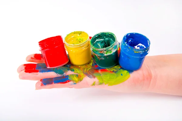 Smeared with paint child's hand — Stock Photo, Image