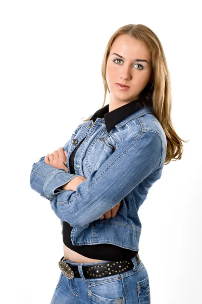 A bela menina em uma jaqueta de calça — Fotografia de Stock