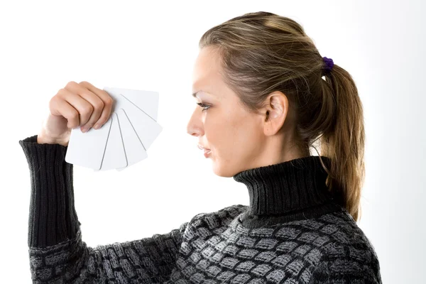 Girl with blank cards on white — Stock Photo, Image