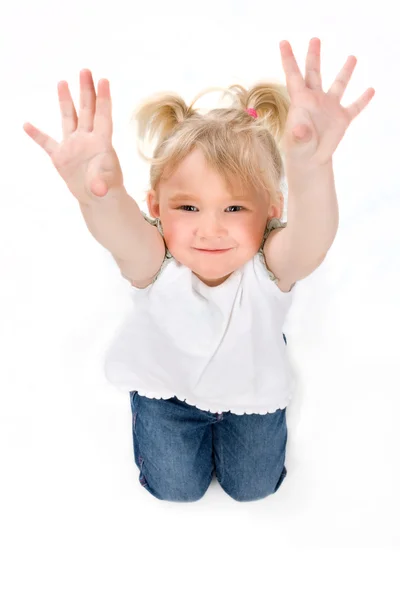 Little girl shows her hands — Stock Photo, Image