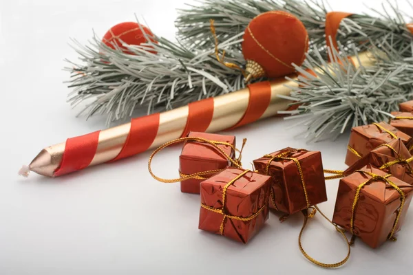 stock image Christmas tree, candle and gifts