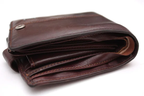 Empty well-used brown leather purse — Stock Photo, Image