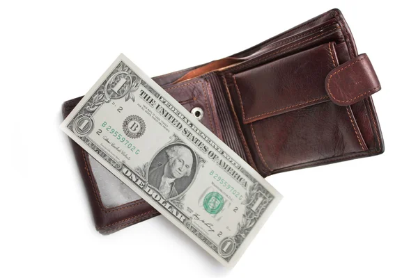 Dün dolar üzerinde kahverengi deri çanta — Stok fotoğraf