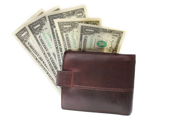 Last five dollars in leather purse — Stock Photo, Image