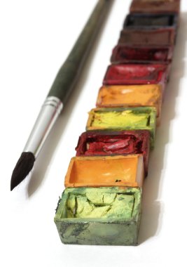 Well-used paintbox and brushes clipart