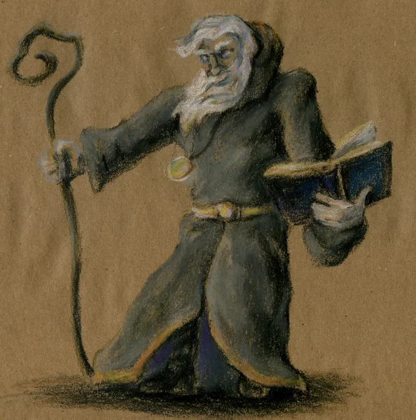 Oude wizard met personeel en boek — Stockfoto