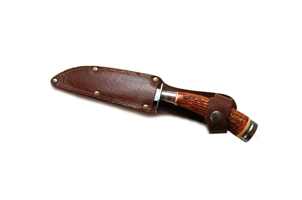 stock image The hunting knife in a leather case on white