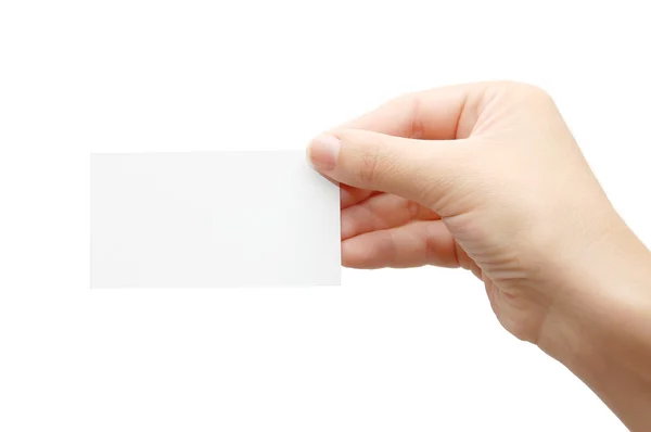 Hand som håller ett tomt visitkort — Stockfoto