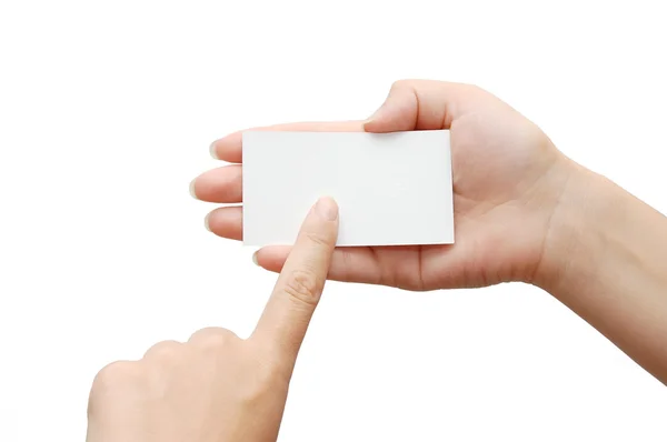 Papperskort och pekande hand — Stockfoto