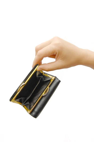 Prázdná peněženka s rukou izolovaných na bílém — Stock fotografie