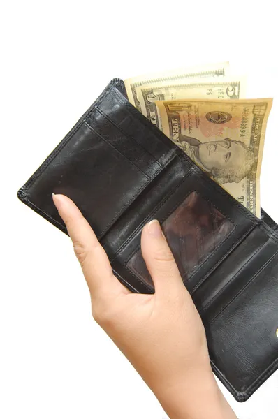 Carteira preta com dinheiro e mão — Fotografia de Stock