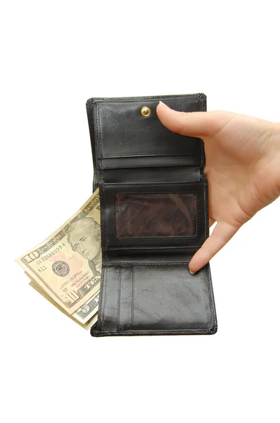 Czarny portfel z pieniędzy i strony — Zdjęcie stockowe