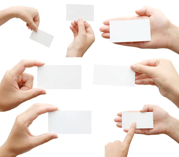 Set of hands holding business cards — Stock Photo, Image