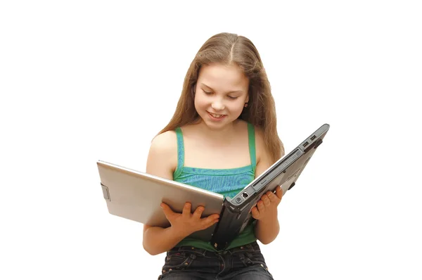 年轻的女孩用孤立的笔记本电脑 — 图库照片