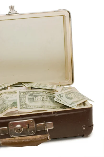 お金がいっぱい古いスーツケース — ストック写真