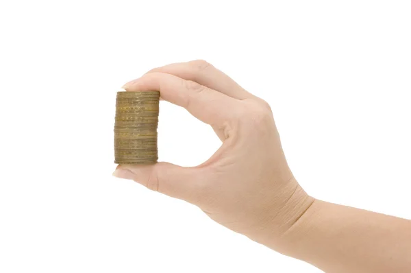 Coin in een vrouwelijke hand — Stockfoto