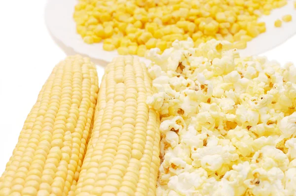 Fresh corn, preserved corn and popcorn — Stock Photo, Image